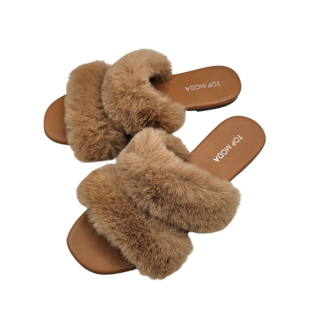 Top Moda women's brown furry crossover slides Sandals Sz 8.5